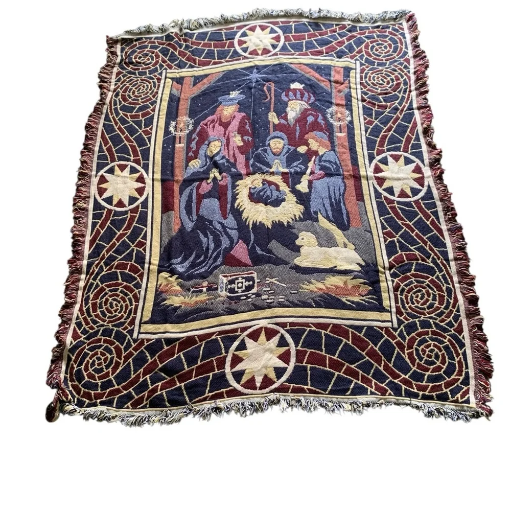 Nativity Scene Tapestry Knit Fringe Trim Throw Blanket Holiday Christmas